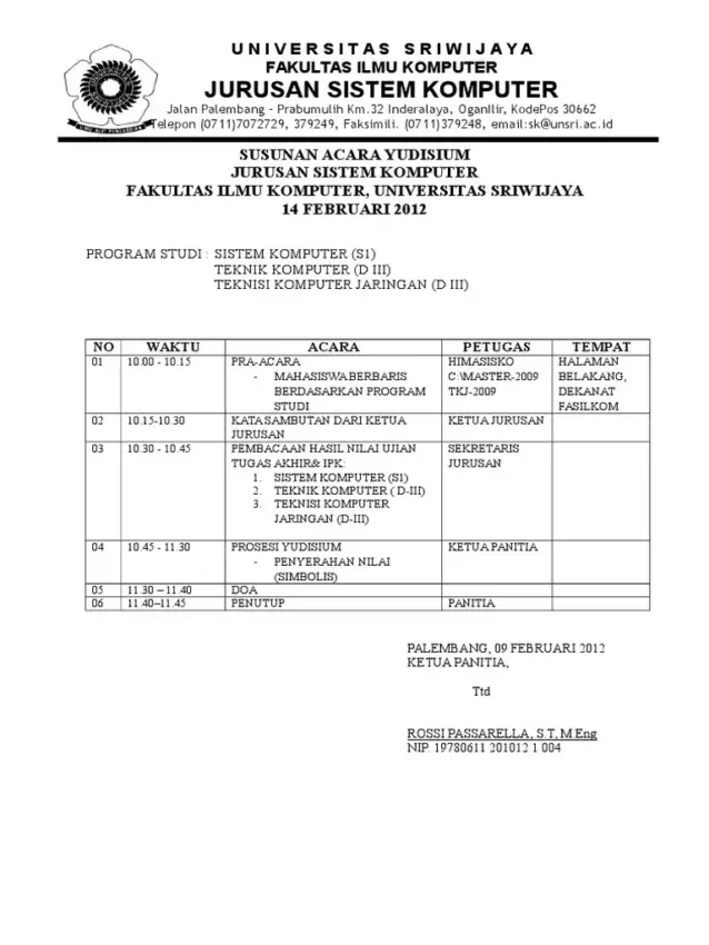 Susunan Acara Yudisium Fakultas Ilmu Komputer