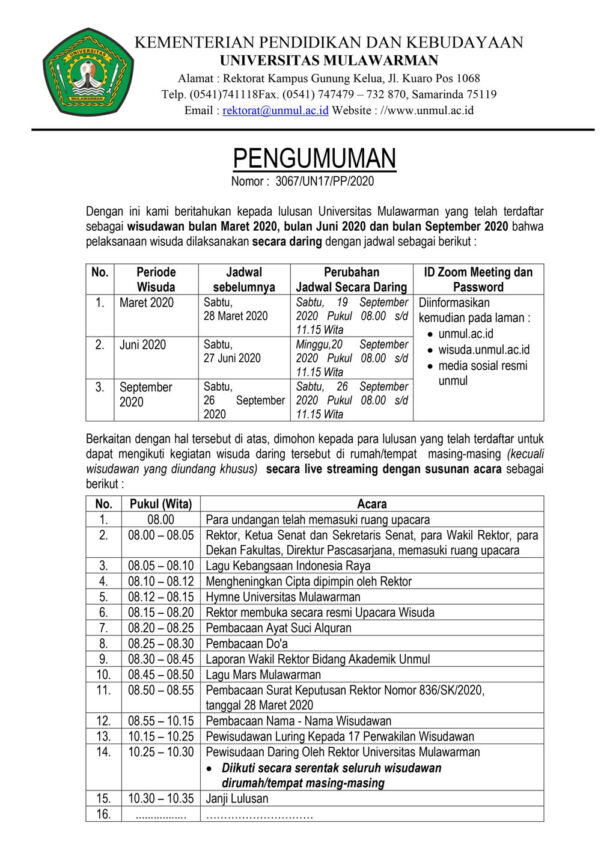 Susunan Acara Wisuda Fakultas Hukum Universitas Mulawarman