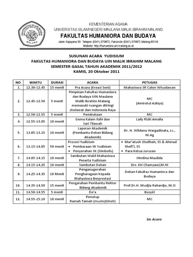 Susunan Acara Yudisium Fakultas Humaniora dan Budaya