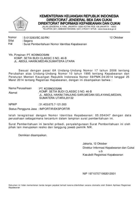 Contoh Surat Izin Ekspor Tentang Permohonan NIK