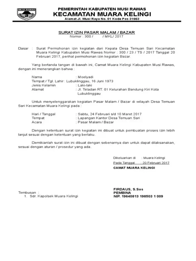 Contoh Surat Izin Lokasi Bazar