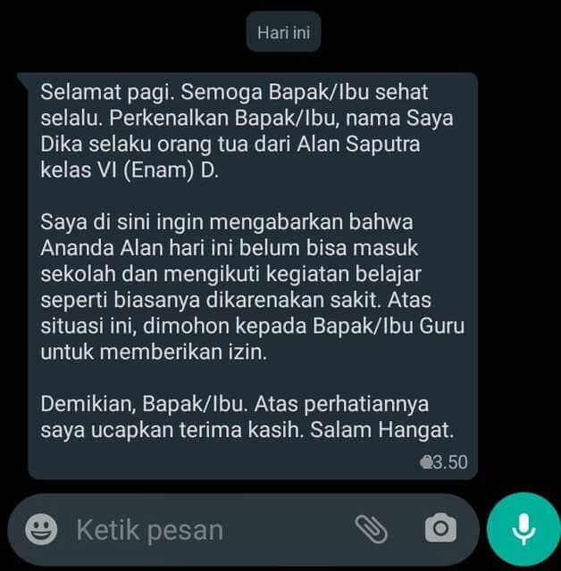 Contoh Surat Izin Tidak Masuk Sekolah Lewat WhatsApp