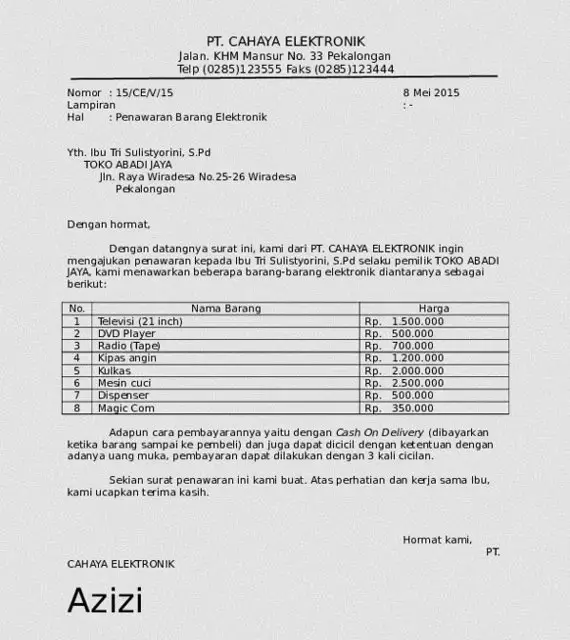 Contoh Surat Penawaran Barang Elektronik Ke Perusahaan