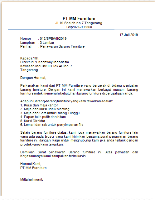 Contoh Surat Penawaran Barang Furniture Untuk Kantor