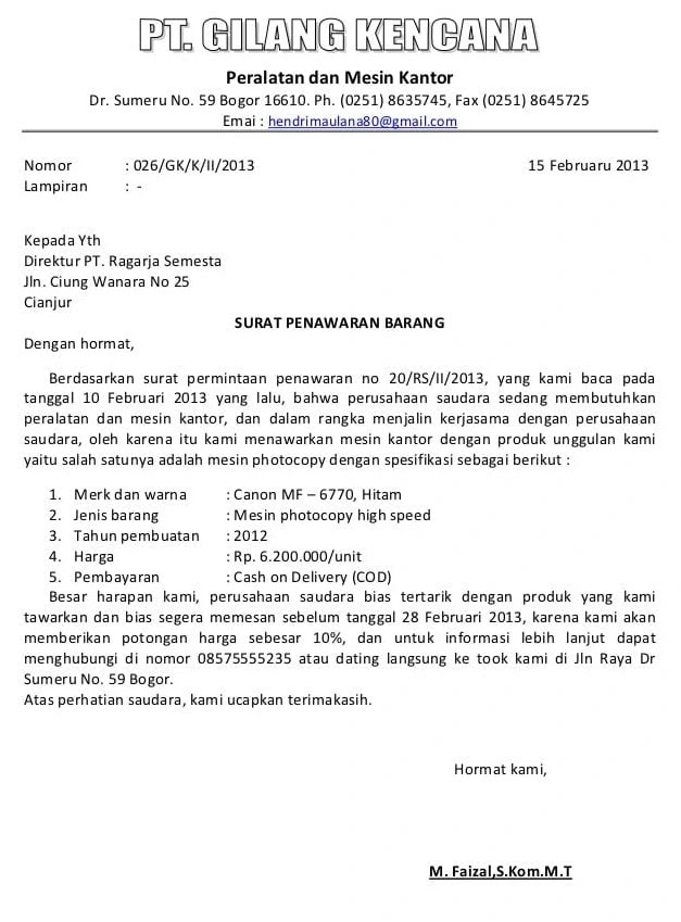 Contoh Surat Penawaran Barang Semi Block Style