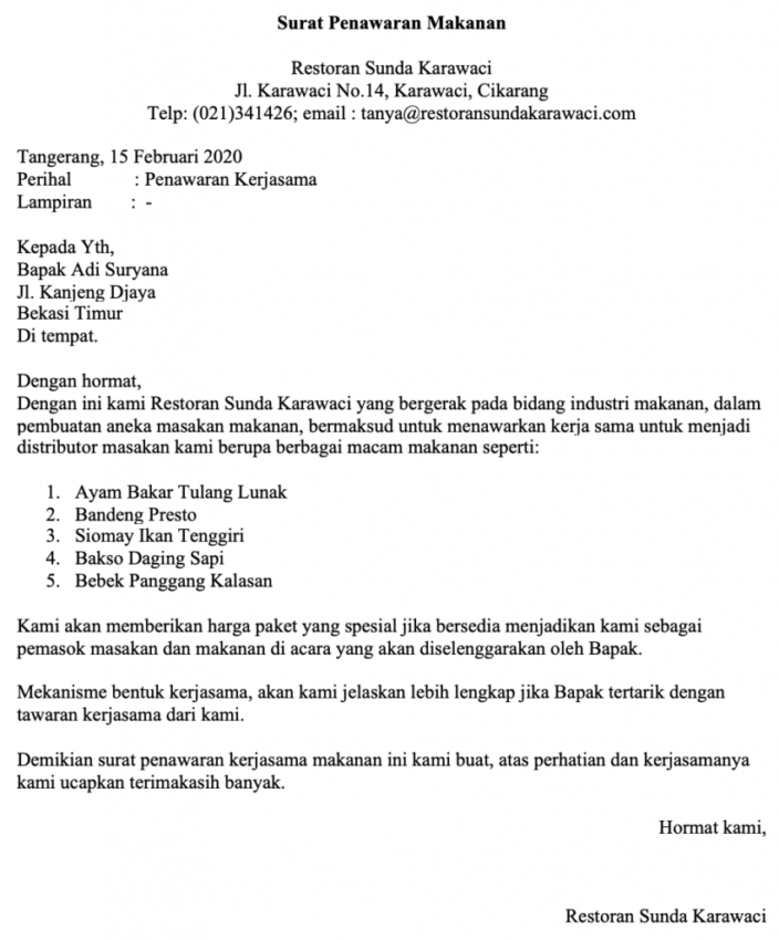 Contoh Surat Penawaran Produk Makanan Untuk Hotel