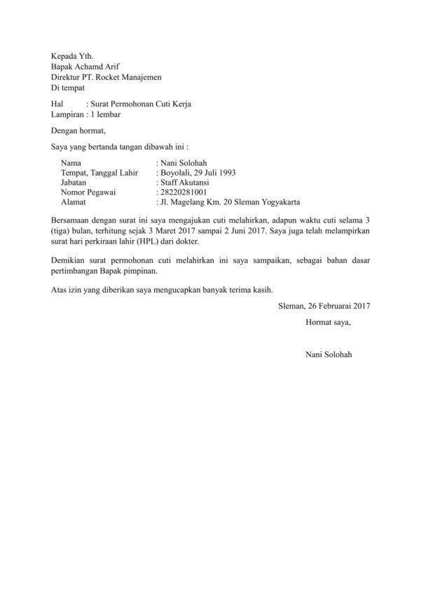 Contoh Surat Cuti Melahirkan 1