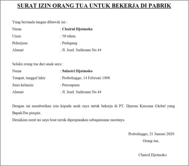 Surat Izin Orang Tua Untuk Bekerjag