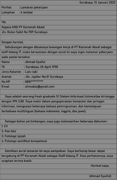 Surat Lamaran Tulis Tangan Staff Perusahaan