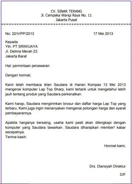 Surat Niaga Untuk Memesan Barang