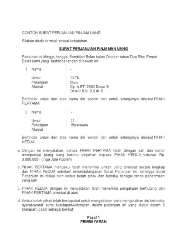 Surat Kesepakatan Pinjam Uang